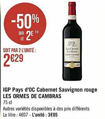 Igp Pays D'oc Cabernet Sauvignon Rouge Les Ormes De Cambras