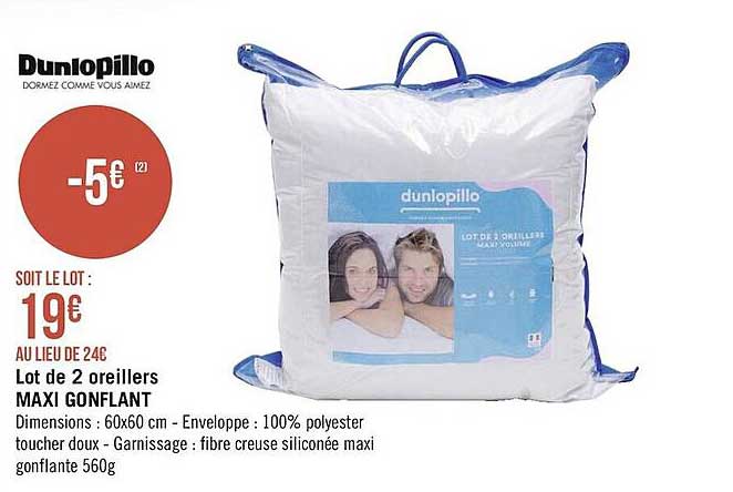 Lot De 2 Oreillers Maxi Gonflant Dunlopillo