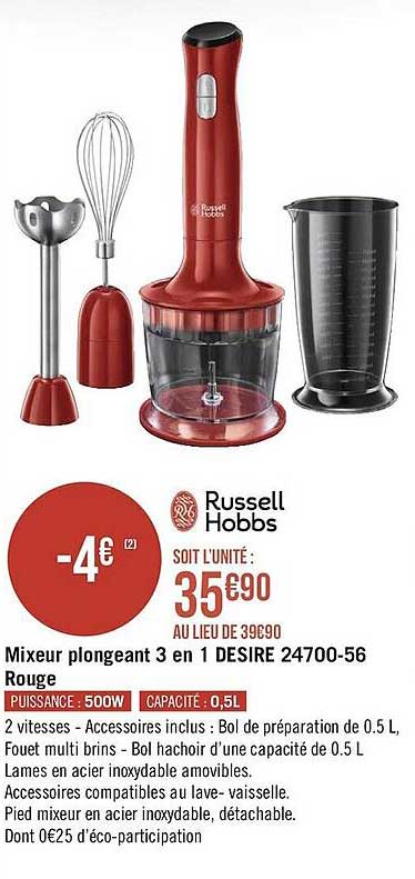 mixeur plongeant 3en1 desire rouge russell hobbs