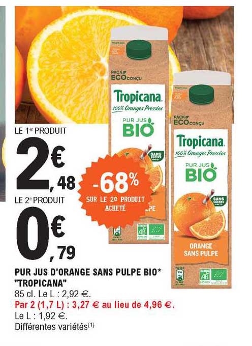 Pur Jus D'orange Sans Pulpe Bio "tropicana"
