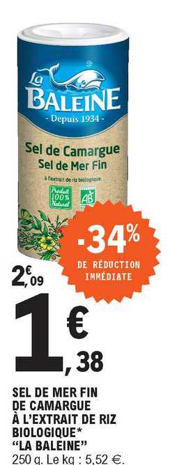 sel de mer fin de camargue à l'extrait de riz biologique "la baleine"