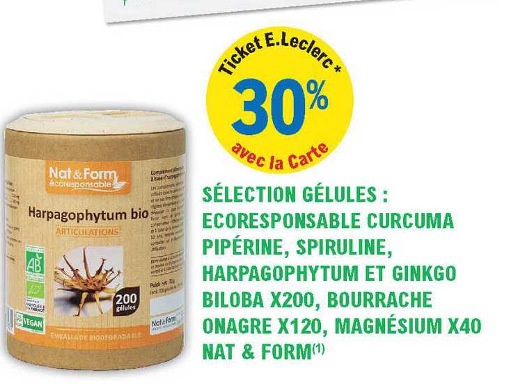 sélection gélules : écoresponsable curcuma pipérine, spiruline, harpagophytum et ginkgo biloba x200, bourranche onagre x120, magnésium x40 nat &  form