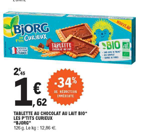 tablette au chocolat au lait bio les p'tits curieux "bjorg"