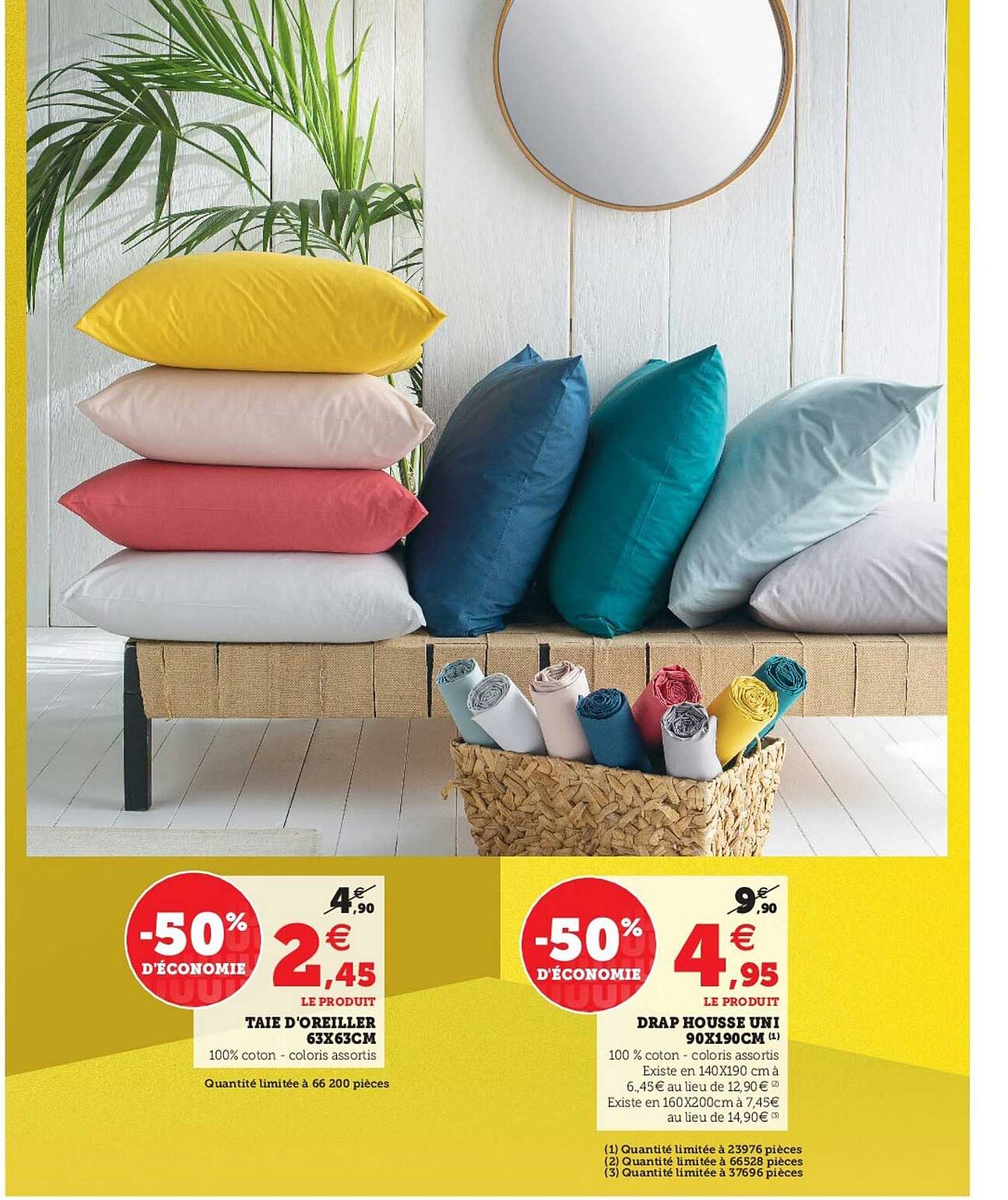 taie d'oreiller 63 x 63 cm, drap housse uni 90 x 190 cm