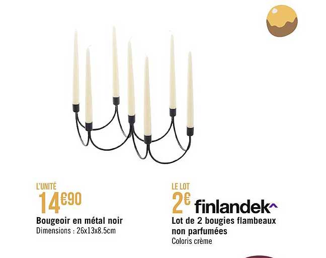 bougeoir en métal noir, lot de 2 bougies flambeaux non parfumées finlandek