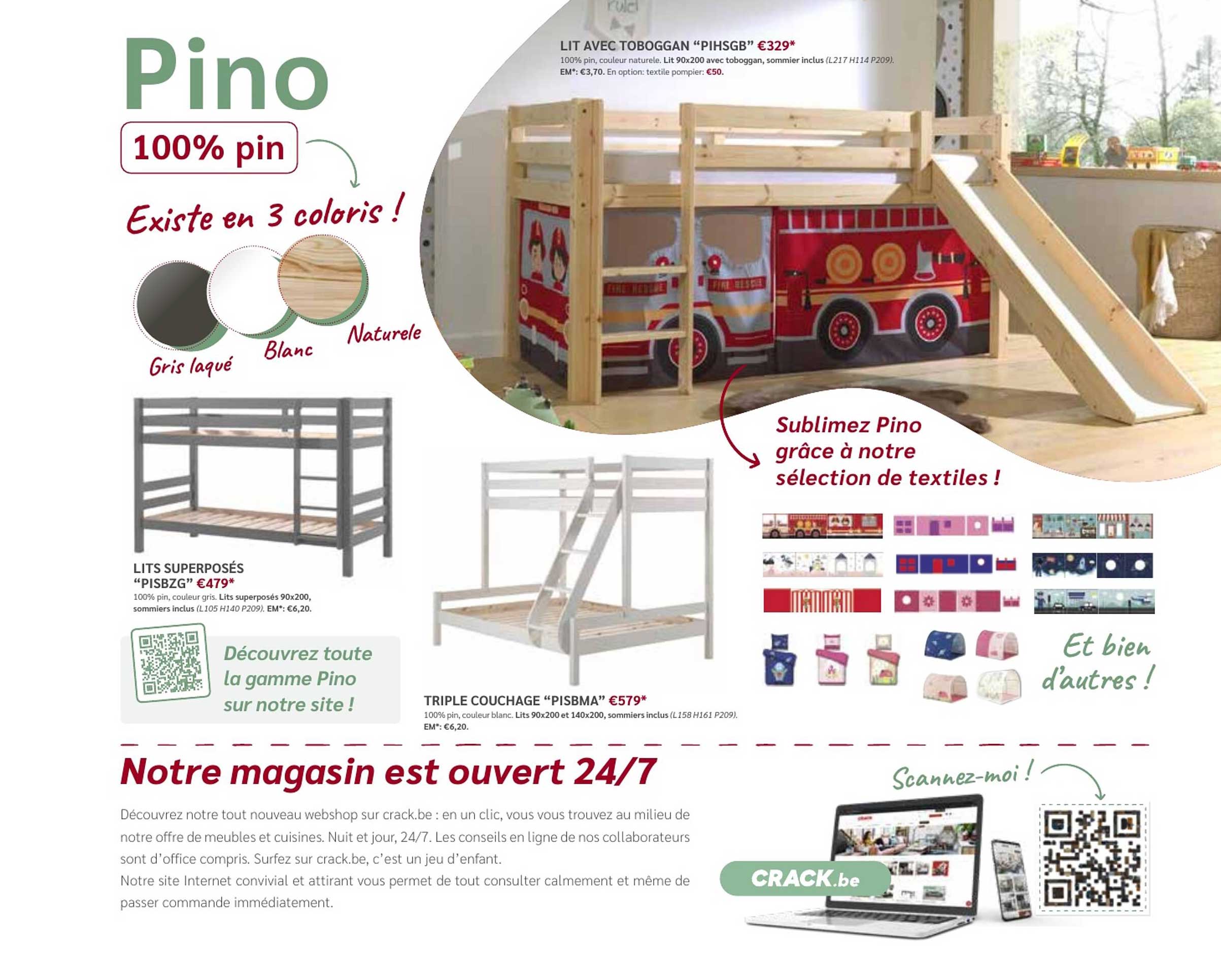 lit avec toboggan "pihsgb", lit superposés "pisbzg", lit couchage "pisbma"