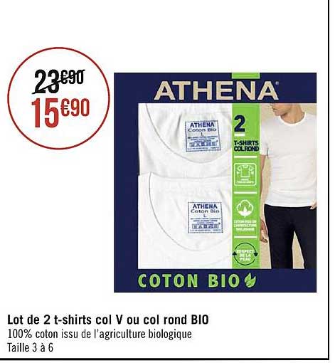 lot de 2 t-shirts col v ou col rond bio athena