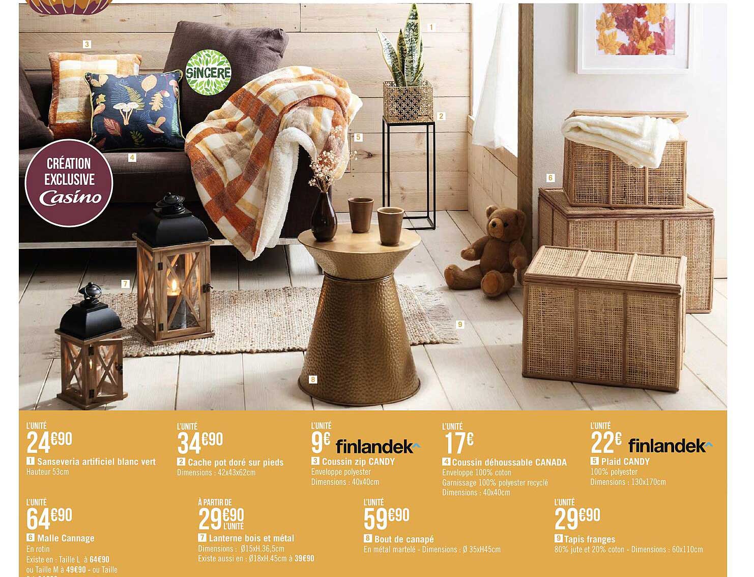 senseveria artificiel blanc vert, cache pot doré sur pieds, coussin zip candy finlandek, coussin déhoussable canada, plaid candy finlandek, tapis franges, bout de canapé, lanterne bois et métal