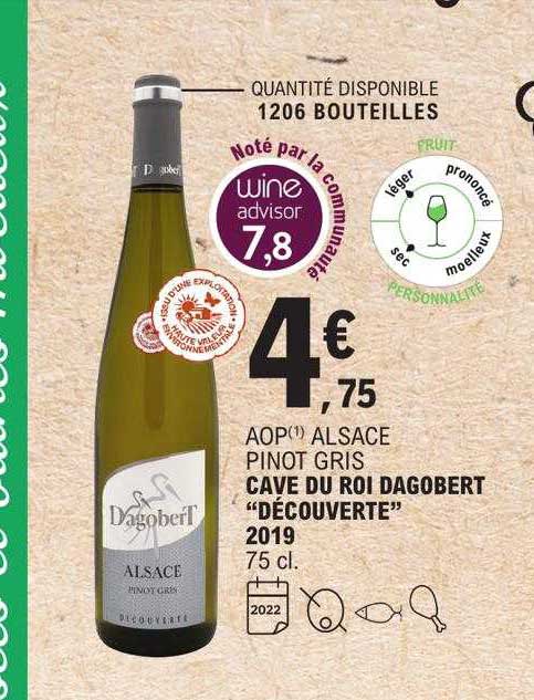 aop alsace pinot gris cave du roi dagobert "découverte" 2019