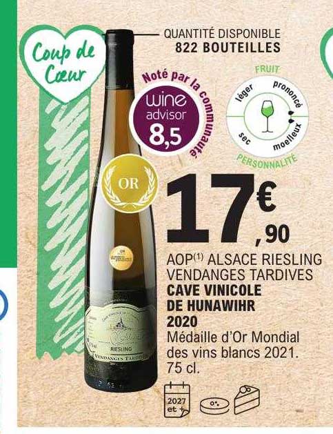 aop alsace riesling vendanges tardives cave vinicole de hunawihr 2020