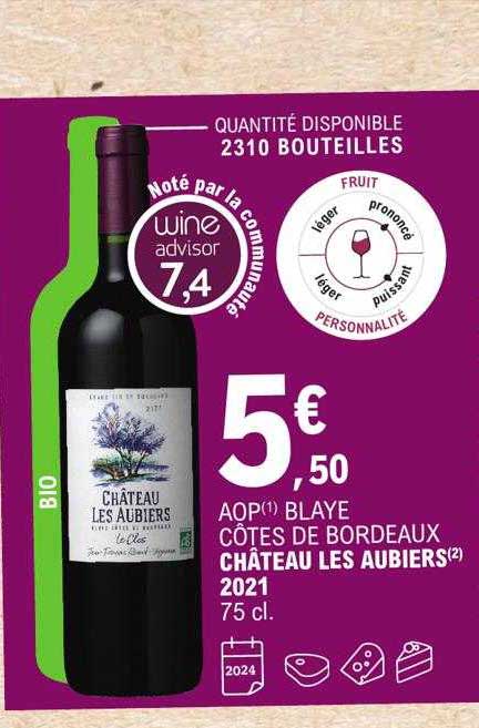 Aop Blaye Côtes De Bordeaux Château Les Aubiers 2021