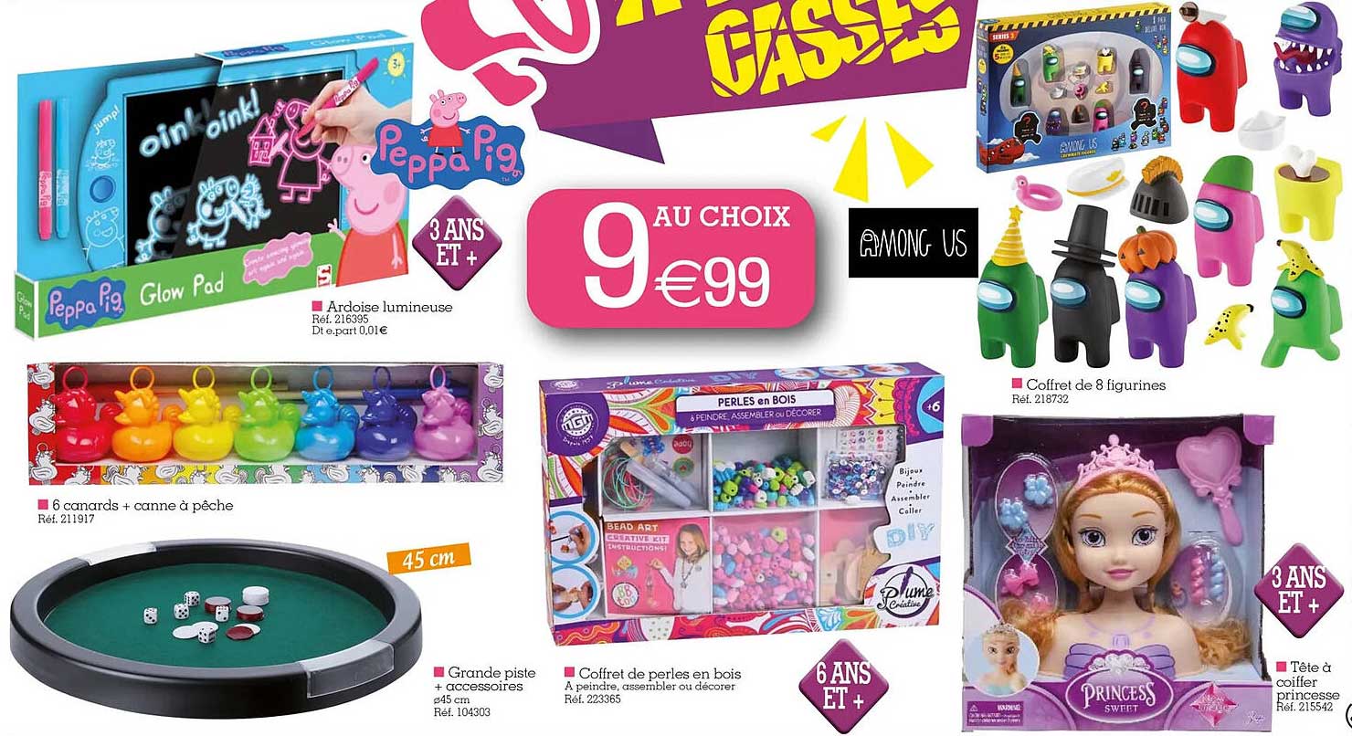 ardoise lumineuse peppa pig, 6 canards + canne à pêche, grande piste + accessoires, coffret de perles en bois, coffret de 8 figurines, tête à coiffer princesse