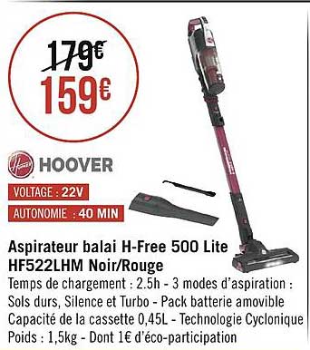 aspirateur balai h-free 500 lite hf522lhm noir-rouge hoover