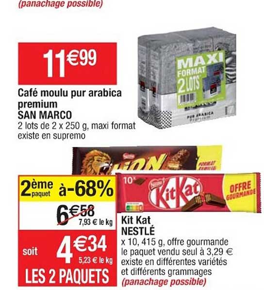 café moulu pur arabica premium san marco, kit kat nestlé