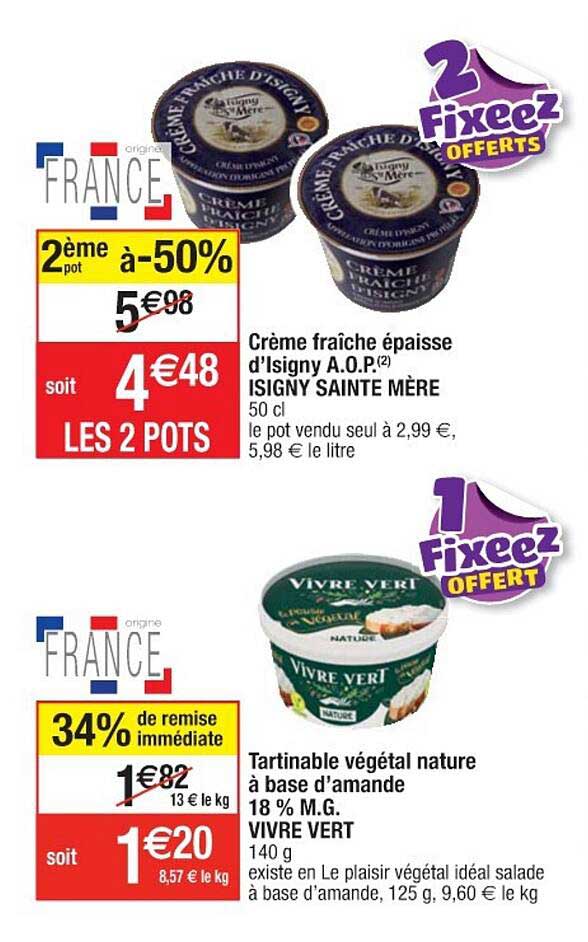 crème fraîche épaisse d'isigny a.o.p. isigny sainte mère, tartinable végétal nature à base d'amande 18% m.g. vivre vert