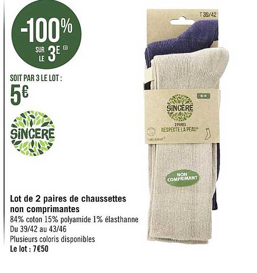 lot de 2 paires de chaussettes non comprimantes sincère
