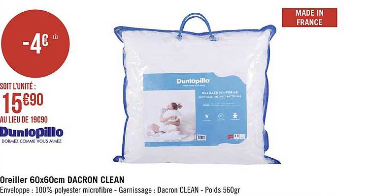 oreiller 60x60 cm dacron clean dunlopillo