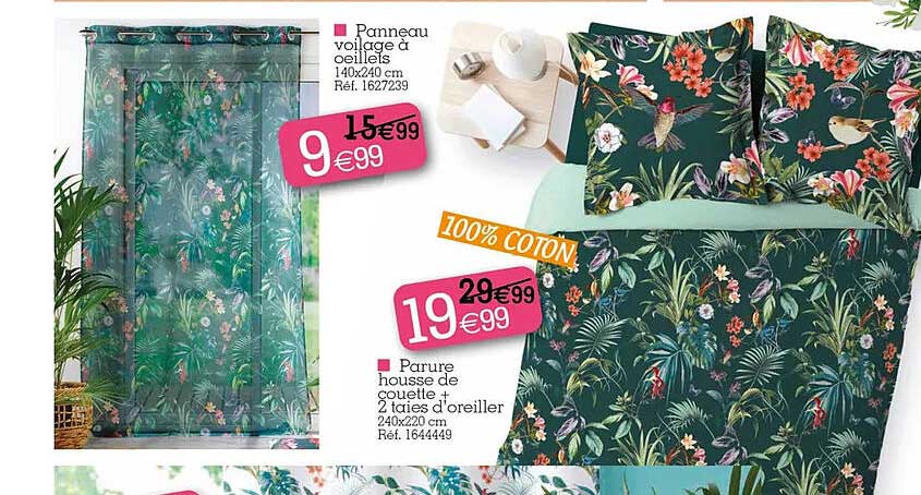 panneau voilage à œillets, parure housse de couette + 2 taies d'oreiller