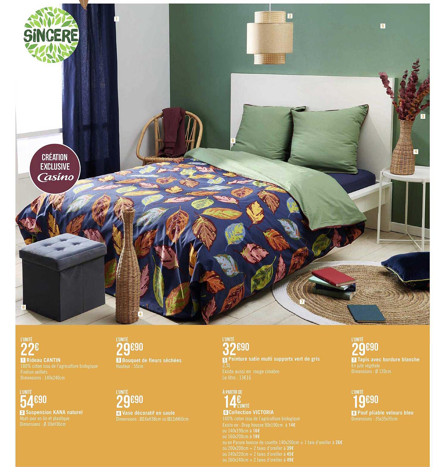 rideau cantin, suspension kana naturel, bouquet de fleurs séchées, vase décoratif en saule, peinture satin multi supports vert de gris, collection victoria, tapis avec bordure blanche, pouf pliable