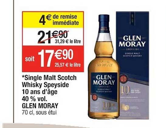 single malt scotch whisky 10 ans d'âge 40% vol. glen moray