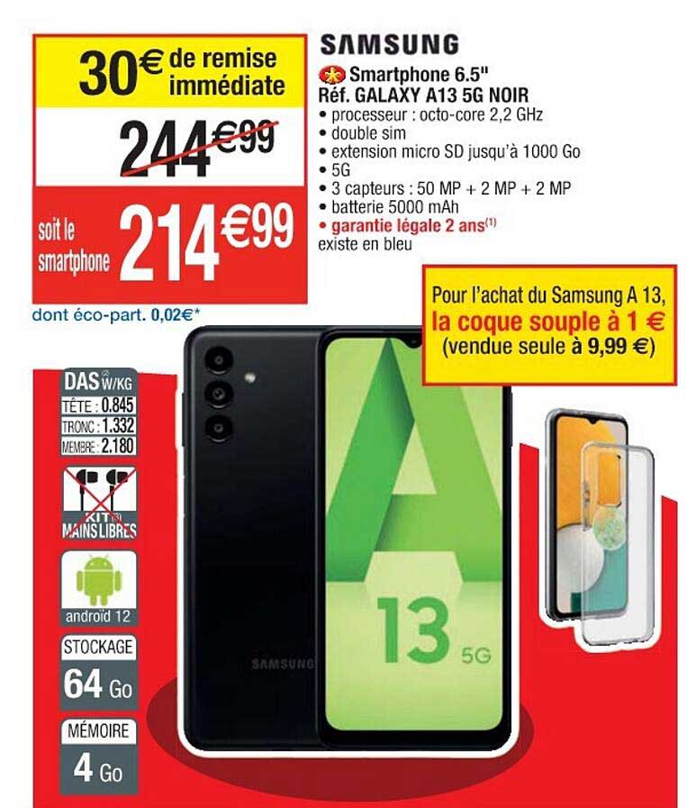 smartphone 6.5" samsung galaxy a13 5g noir