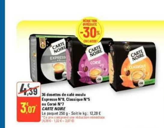 36 dosettes de café moulu espresso n°8, classique n°5 ou corsé n°7 carte noire