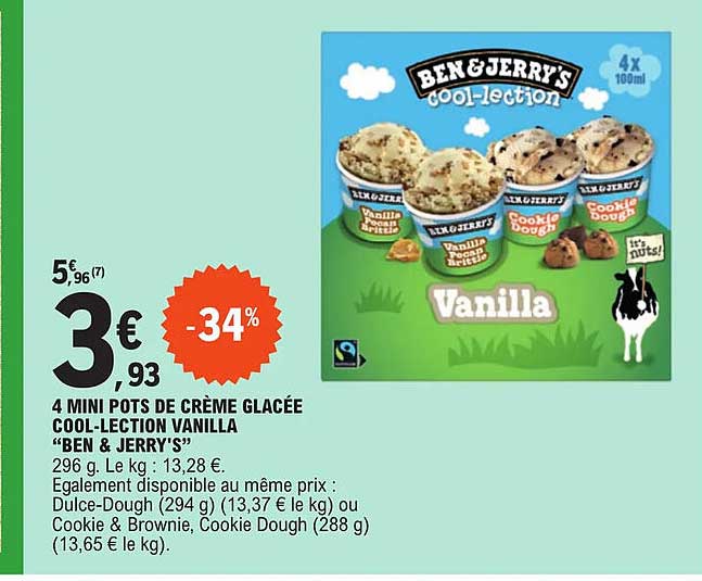 4 mini pots de crème glacée cool-lection vanilla "ben & jerry'"