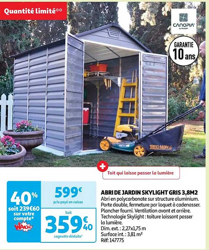 abri de jardin skylight gris 3,8 m² canopia