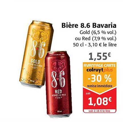 bière 8.6 bavaria gold (6,5 % vol.) ou red (7,9 % vol.)