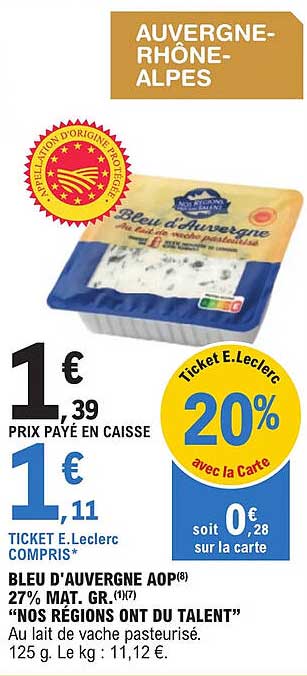 bleu d'auvergne aop 27% mat. gr. "nos régions ont du talent"