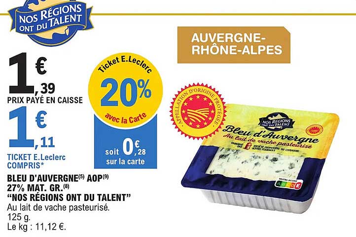 bleu d'auvergne aop 27% mat. gr. "nos régions ont du talent"