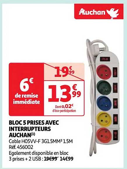 bloc 5 prises avec interrupteurs auchan