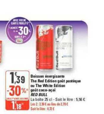 boisson énergisante the red edition goût pastèque ou the white edition goût coco-açaï red bull