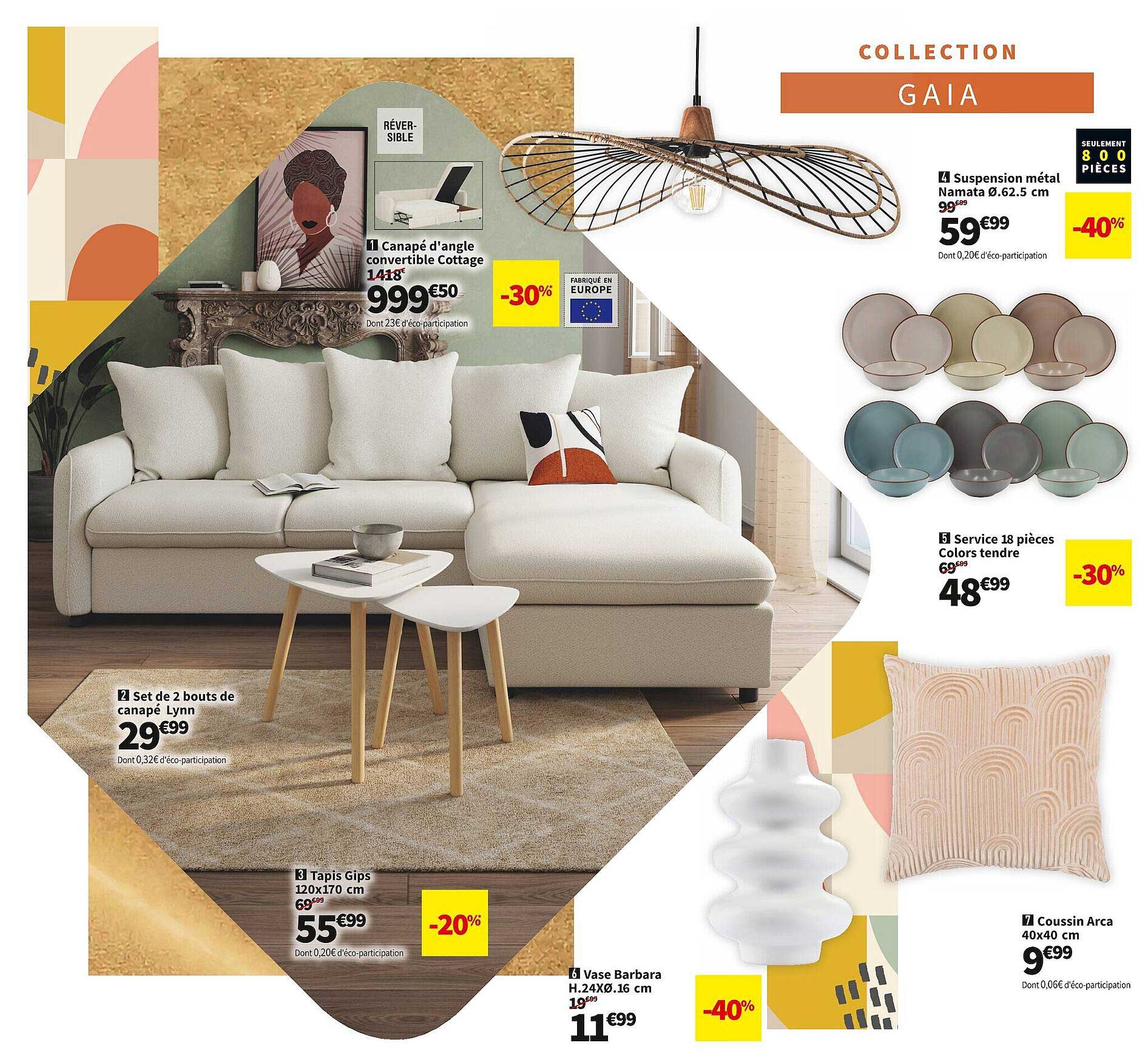 canapé d'angle convertible cottage, set de 2 bouts de canapé lynn, tapis gips 120 x 170 cm, vase barbara h.24 x ø 16 cm, coussin arca 40 x 40 cm, service 18 pièces colors tendre, suspension métal