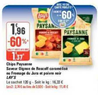 chips paysanne saveur oignon de roscoff caramélisé ou fromage du jura et poivre noir lay's