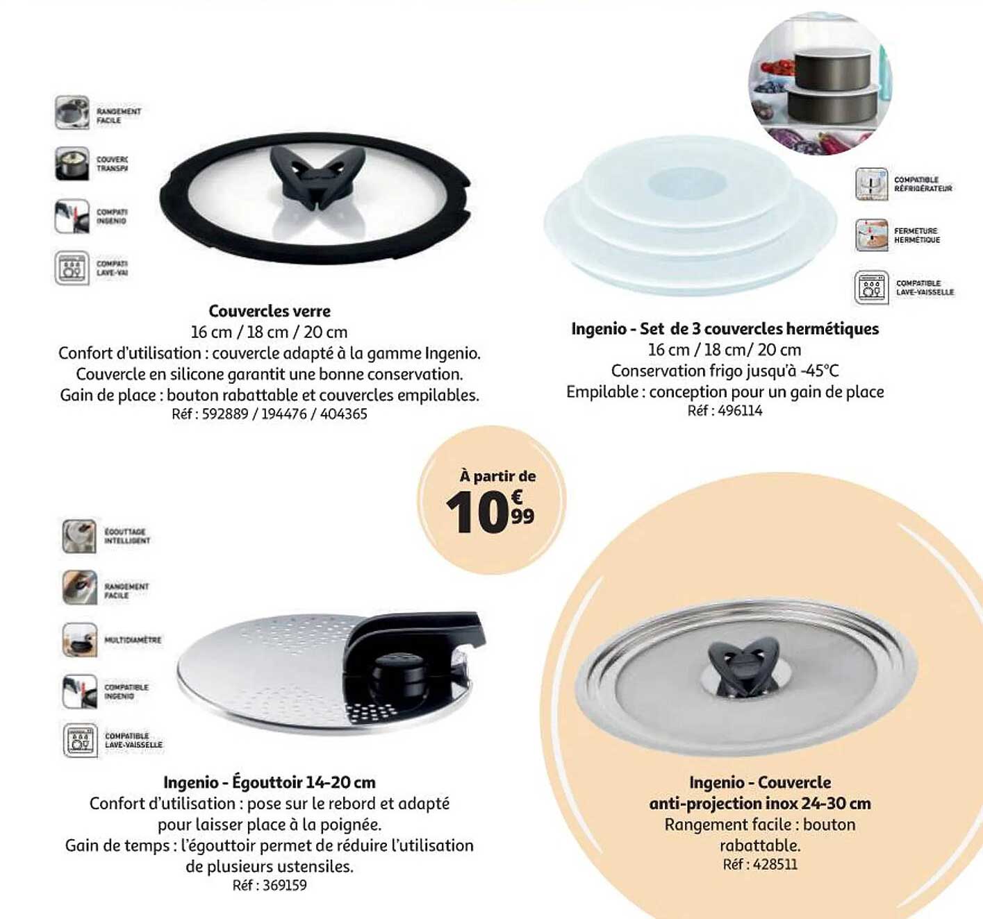 couvercle verre, ingenio - set de 3 couvercles hermétiques, ingenio - égouttoir 14-20 cm, ingenio - couvercle anti-projection inox 24-30 cm