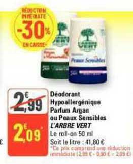 déodorant hypoallergénique parfum argan ou peaux sensibles l'arbre vert