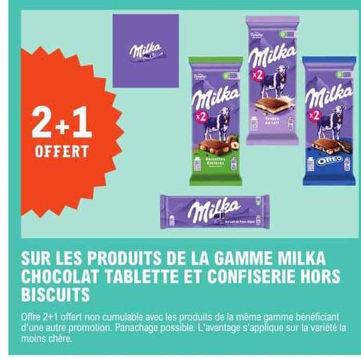 gamme milka chocolat tablette et confiserie hors biscuits 2+1 offert