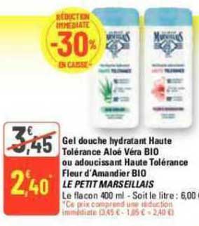 gel douche hydratant haute tolérance aloé vera bio ou adoucissant haute tolérance fleur d'amandier bio le petit marseillais