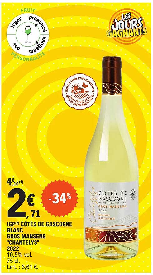 igp côtes de gascogne blanc gros manseng "chantelys" 2022
