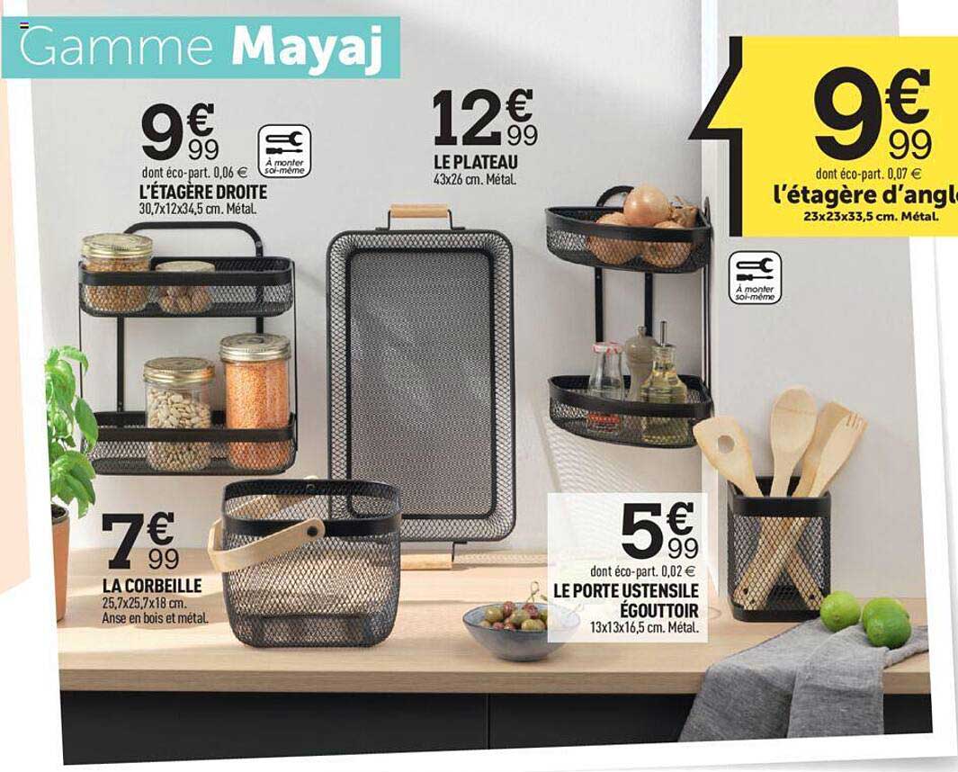 l'étagère droite, la corbeille, le plateau, le porte ustensile égouttoir, l'étagère d'angle