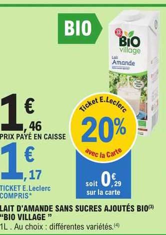 lait d'amande sans sucres ajoutés bio "bio village"