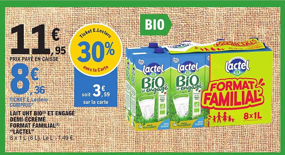 lait uht bio et engagé demi-écrémé format familial "lactel"