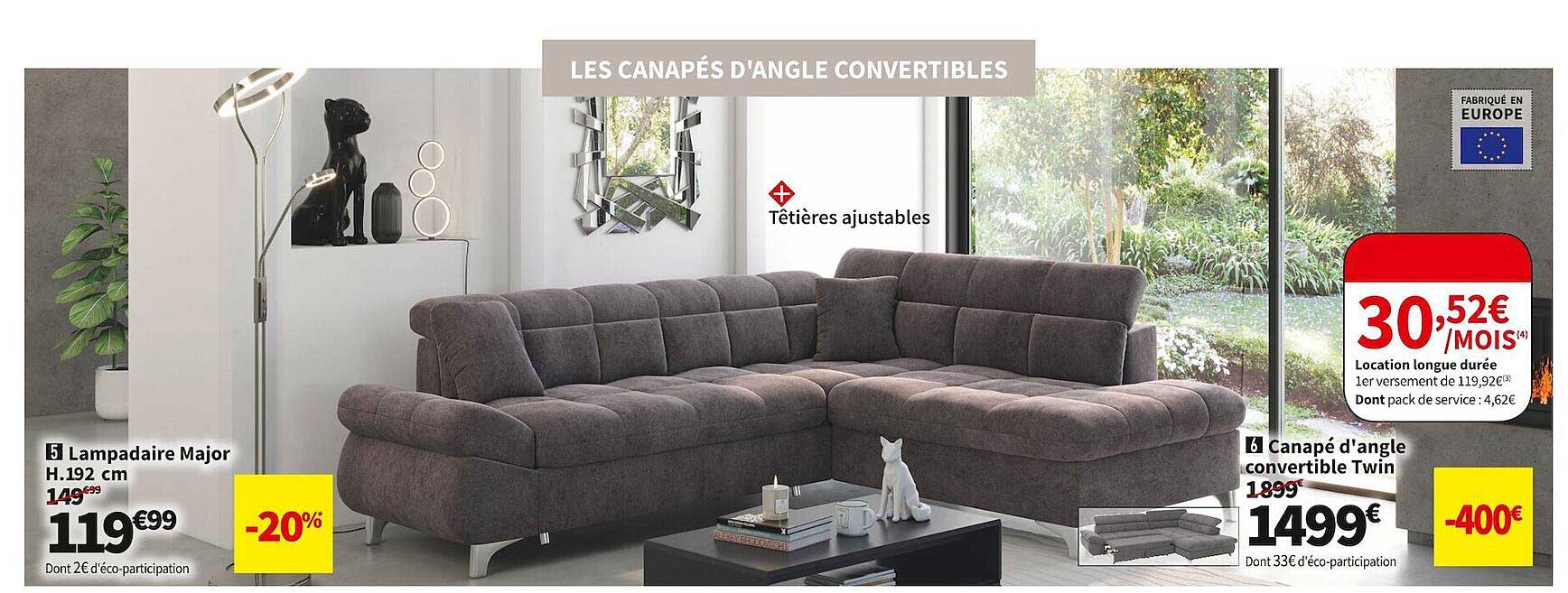lampadaire major h. 192 cm, canapé d'angle convertible twin