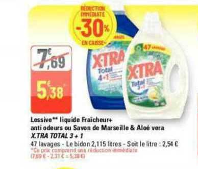 lessive liquide fraîcheur+ anti odeurs savon de marseille & aloé vera x.tra total 3 + 1