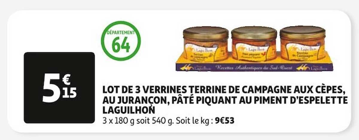 lot de 3 verrines terrine de campagne au cèpes, au jurançon, pâté piquant au piment d'espelette laguilhon