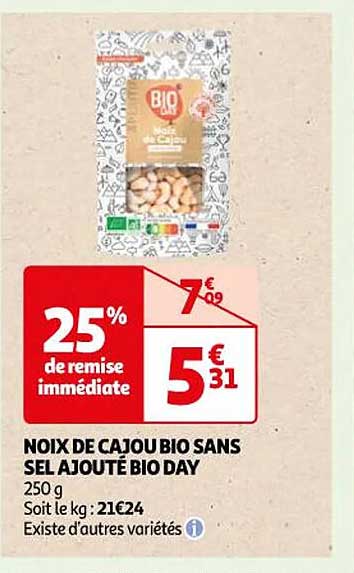noix de cajou bio sans sel ajouté bio day