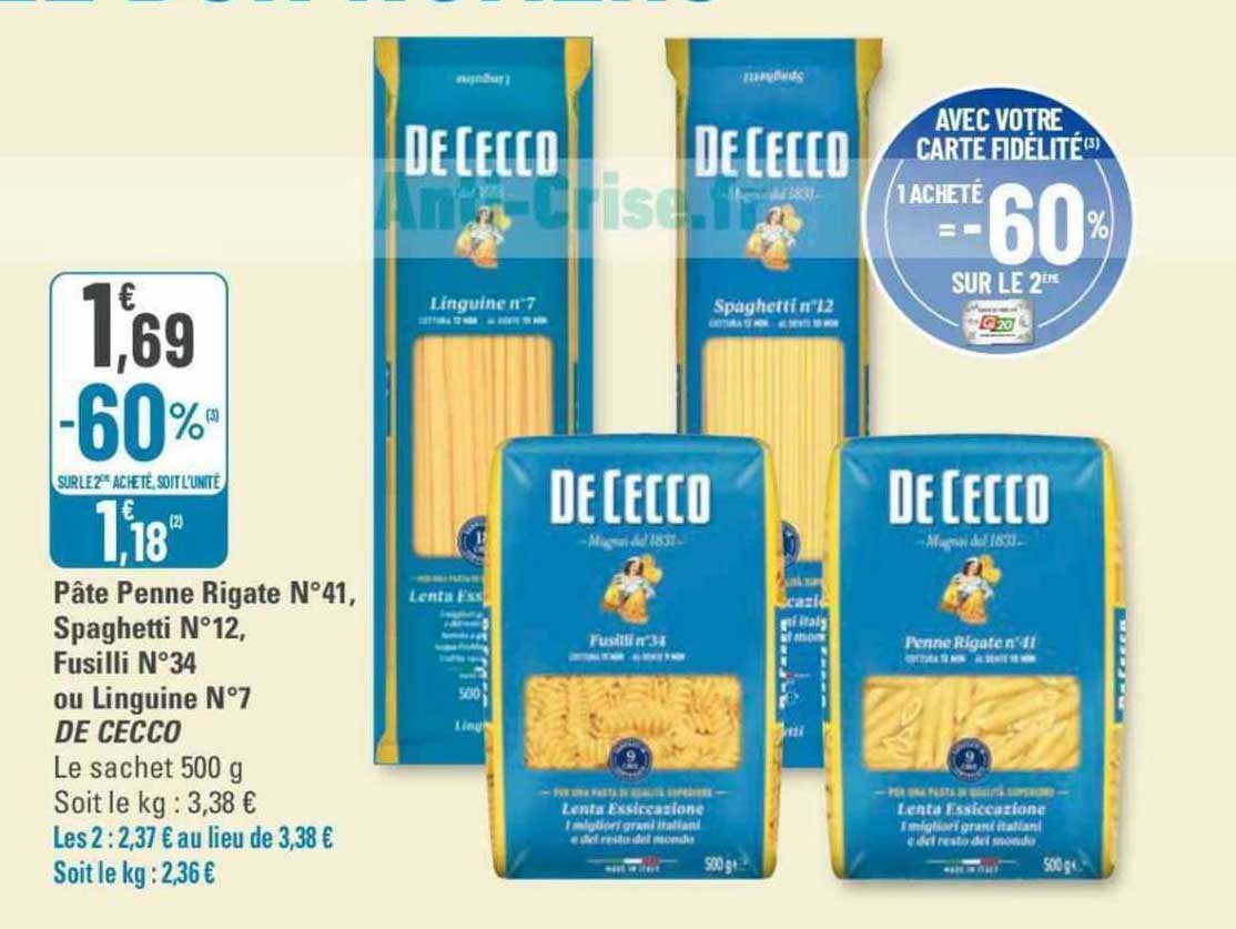 pâte penne rigate n°41, spaghetti n°12, fusilli n°34 ou linguine n°7 de cecco