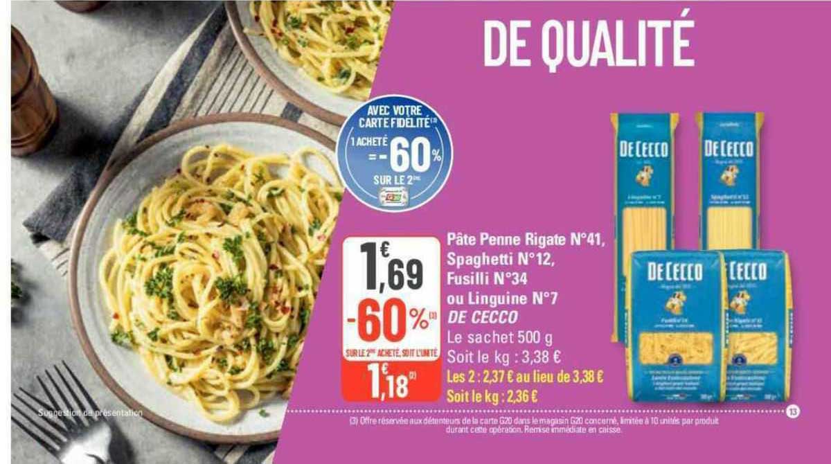 pâte penne rigate n°41, spaghetti n°12, fusilli n°34 ou linguine n°7 de cecco