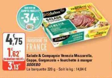 salade & compagnie venezia mozzarella, coppa, gorgonzola + fourchette à manger sodebo